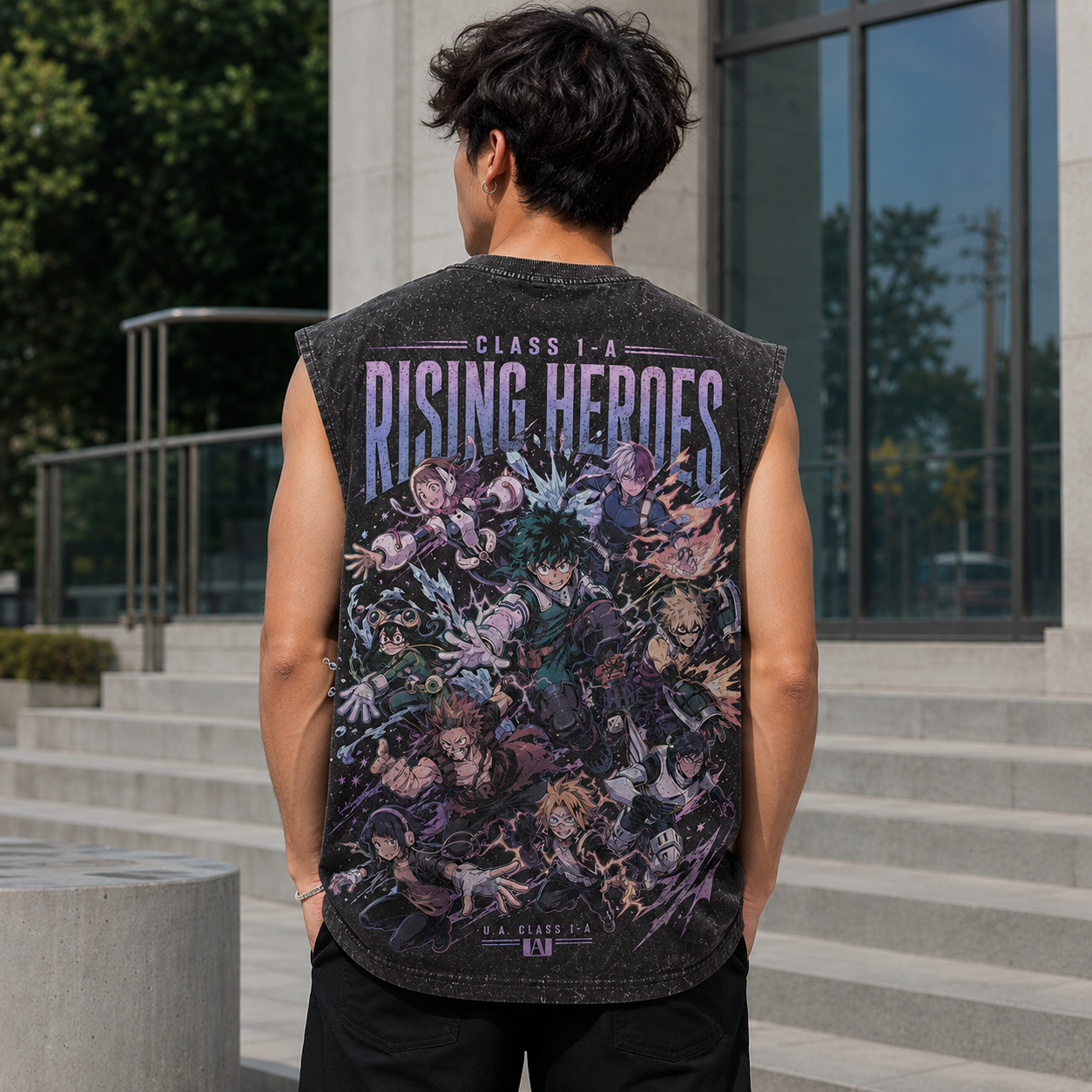 Washed black tank top with Izuku Midoriya/Deku & Katsuki Bakugo My Hero Academia Class 1-A Rising Heroes graphic – photo 3