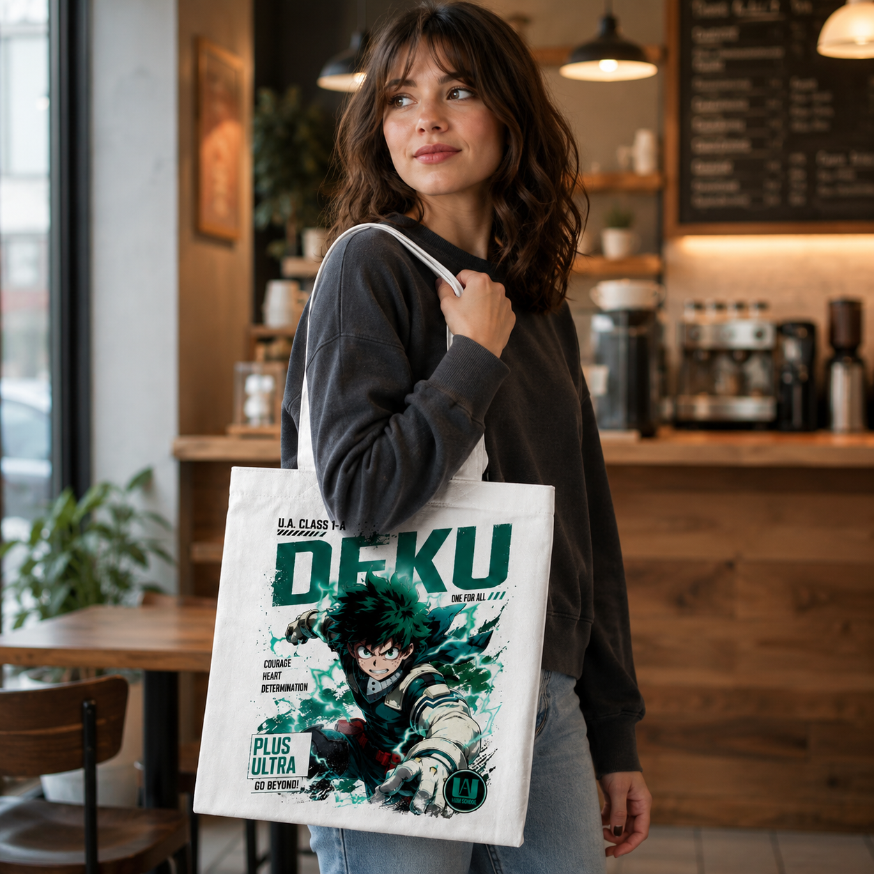 Natural tote bag with Izuku Midoriya (Deku) My Hero Academia One For All graphic – photo 4