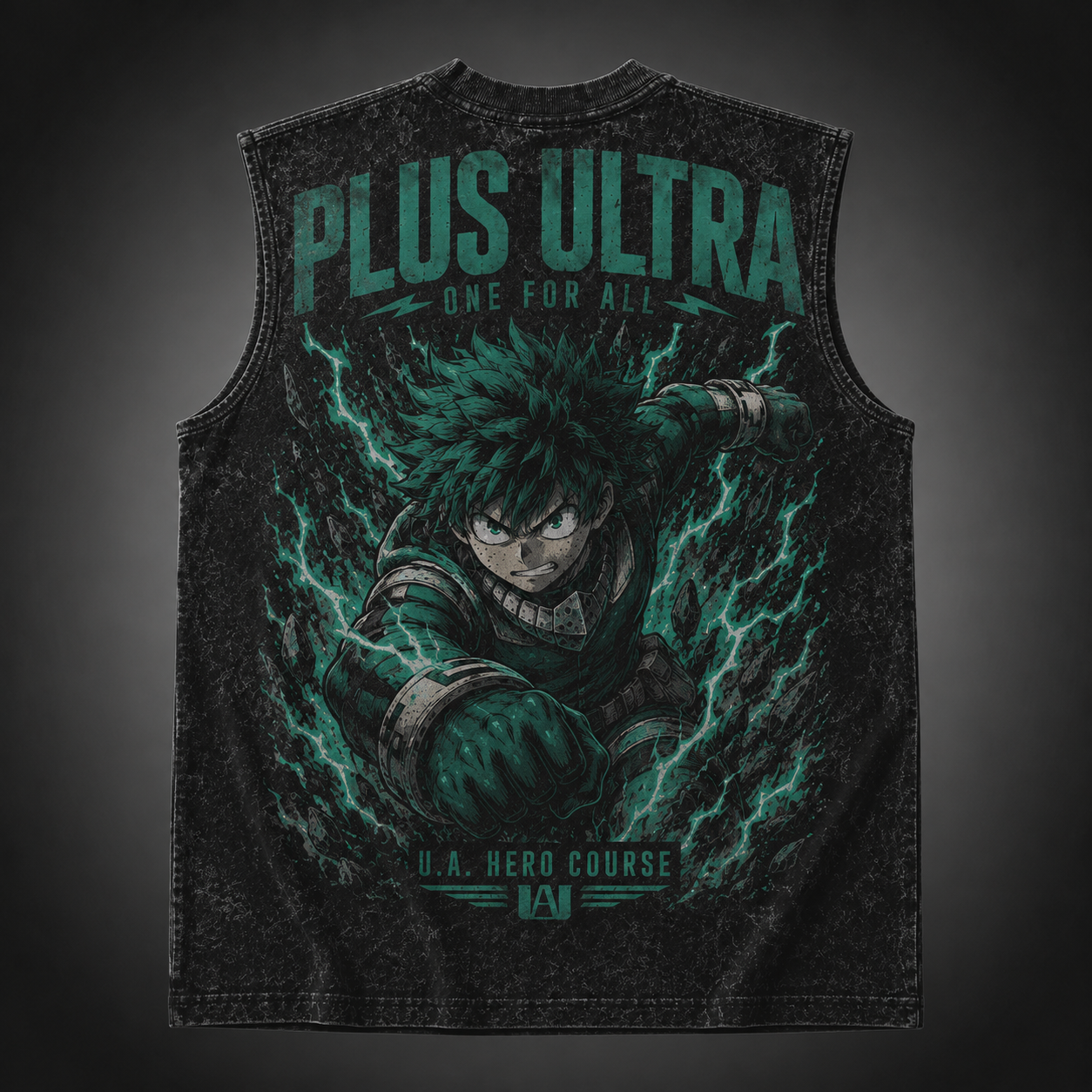 Washed black tank top with Izuku Midoriya/Deku My Hero Academia Plus Ultra One For All graphic – photo 1