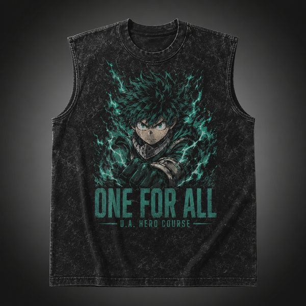 Washed black tank top with Izuku Midoriya/Deku My Hero Academia Plus Ultra One For All graphic – photo 2