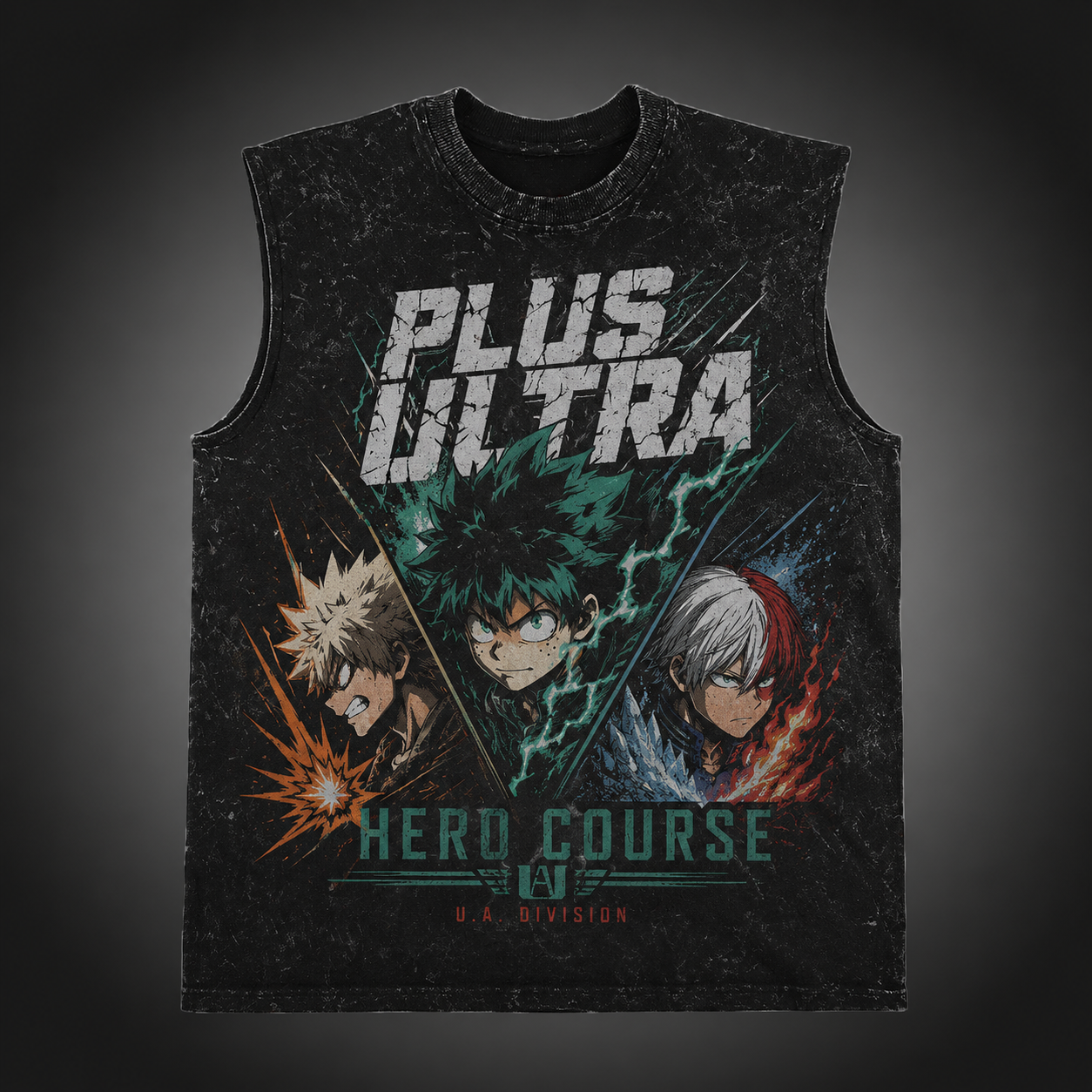 Washed black tank top with Izuku Midoriya, Katsuki Bakugo, Shoto Todoroki My Hero Academia Hero Course Trio graphic – photo 2