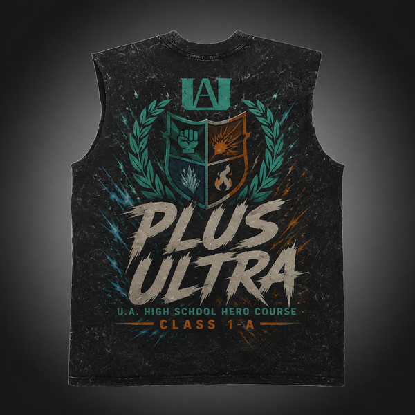 Washed black tank top with Izuku Midoriya, Katsuki Bakugo, Shoto Todoroki My Hero Academia Plus Ultra Trio graphic – photo 1