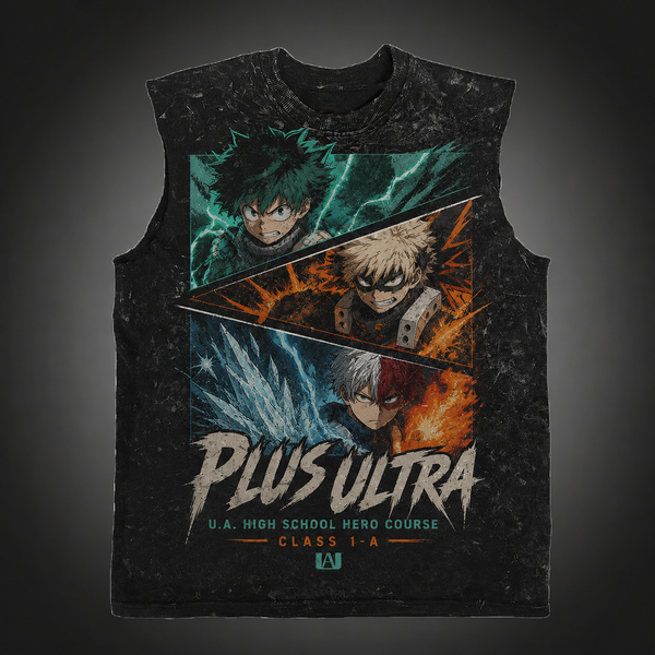 Washed black tank top with Izuku Midoriya, Katsuki Bakugo, Shoto Todoroki My Hero Academia Plus Ultra Trio graphic – photo 2