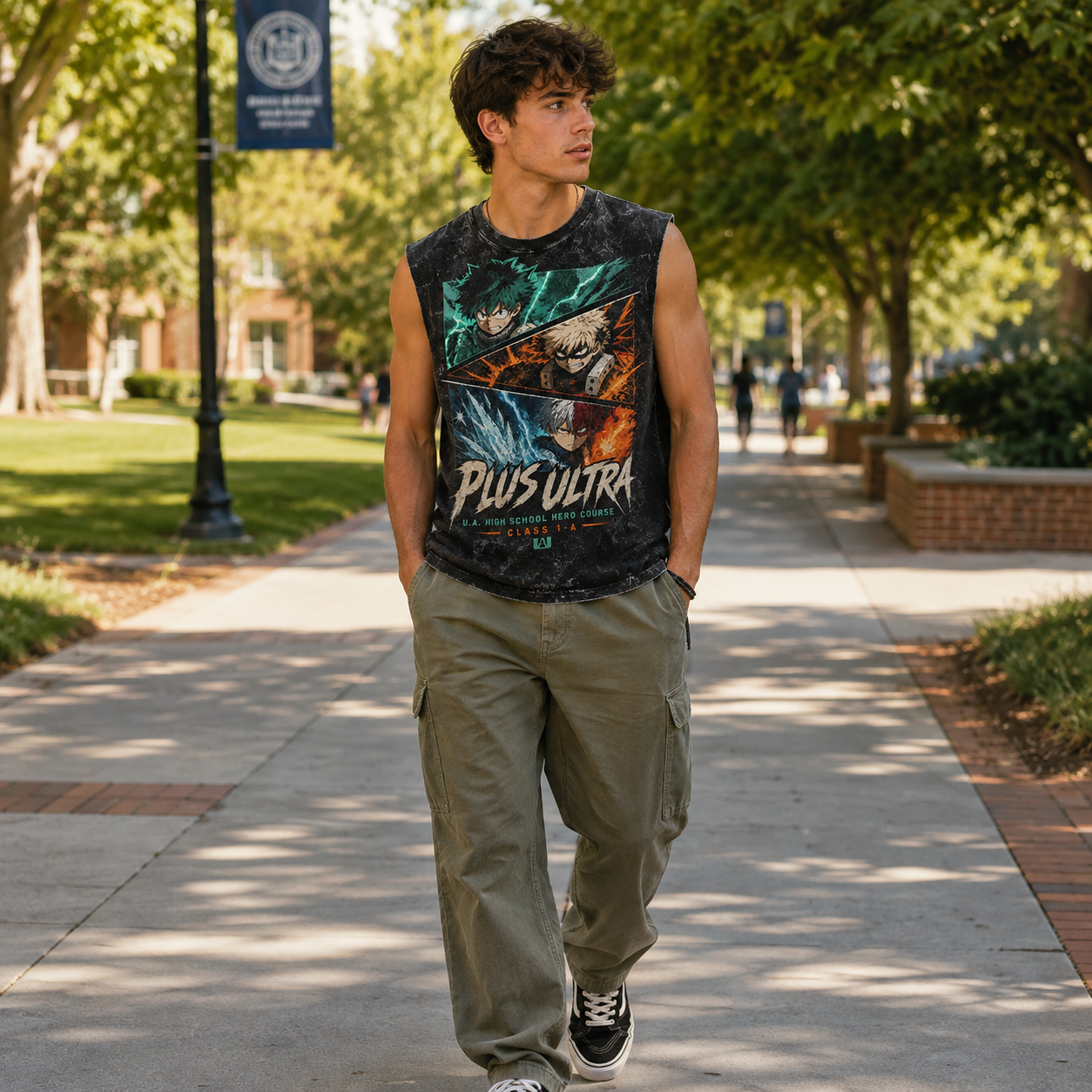 Washed black tank top with Izuku Midoriya, Katsuki Bakugo, Shoto Todoroki My Hero Academia Plus Ultra Trio graphic – photo 4