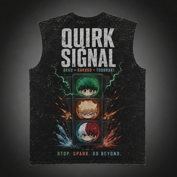 Washed black tank top with Izuku Midoriya, Katsuki Bakugo, Shoto Todoroki My Hero Academia Quirk Signal graphic – photo 1