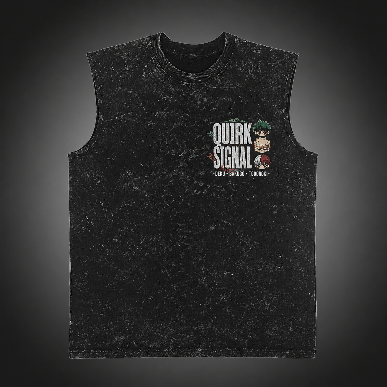 Washed black tank top with Izuku Midoriya, Katsuki Bakugo, Shoto Todoroki My Hero Academia Quirk Signal graphic – photo 2