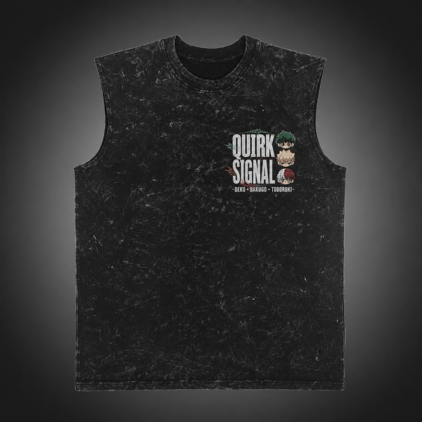 Washed black tank top with Izuku Midoriya, Katsuki Bakugo, Shoto Todoroki My Hero Academia Quirk Signal graphic – photo 2