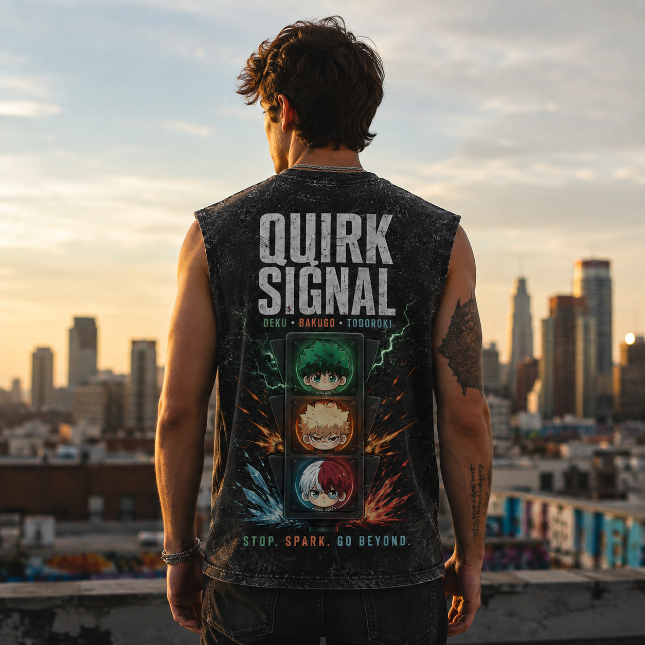 Washed black tank top with Izuku Midoriya, Katsuki Bakugo, Shoto Todoroki My Hero Academia Quirk Signal graphic – photo 3