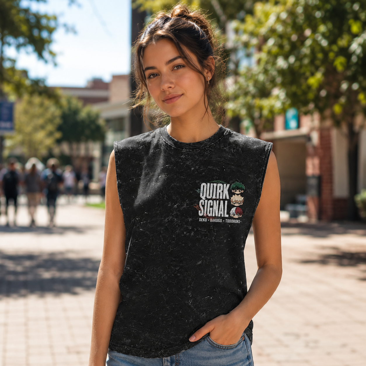 Washed black tank top with Izuku Midoriya, Katsuki Bakugo, Shoto Todoroki My Hero Academia Quirk Signal graphic – photo 4