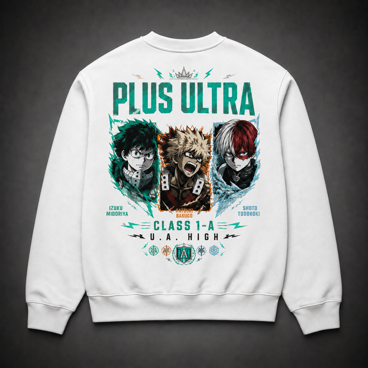 White sweatshirt with Izuku Midoriya, Katsuki Bakugo, Shoto Todoroki My Hero Academia Trio Panels graphic – photo 1