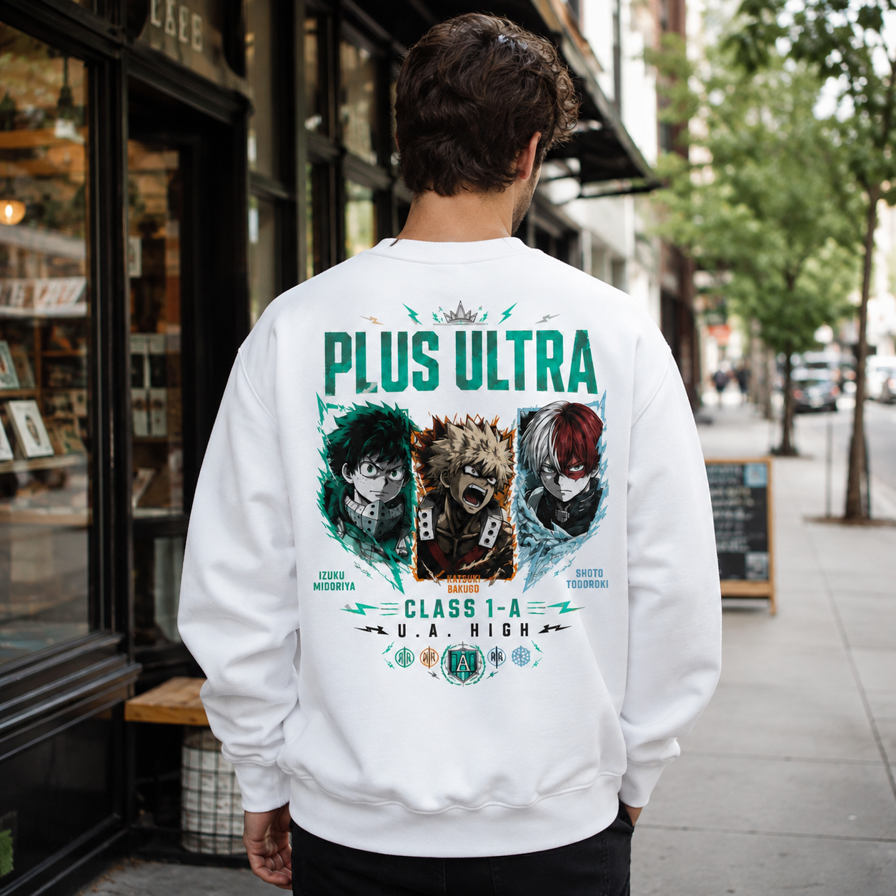 White sweatshirt with Izuku Midoriya, Katsuki Bakugo, Shoto Todoroki My Hero Academia Trio Panels graphic – photo 3
