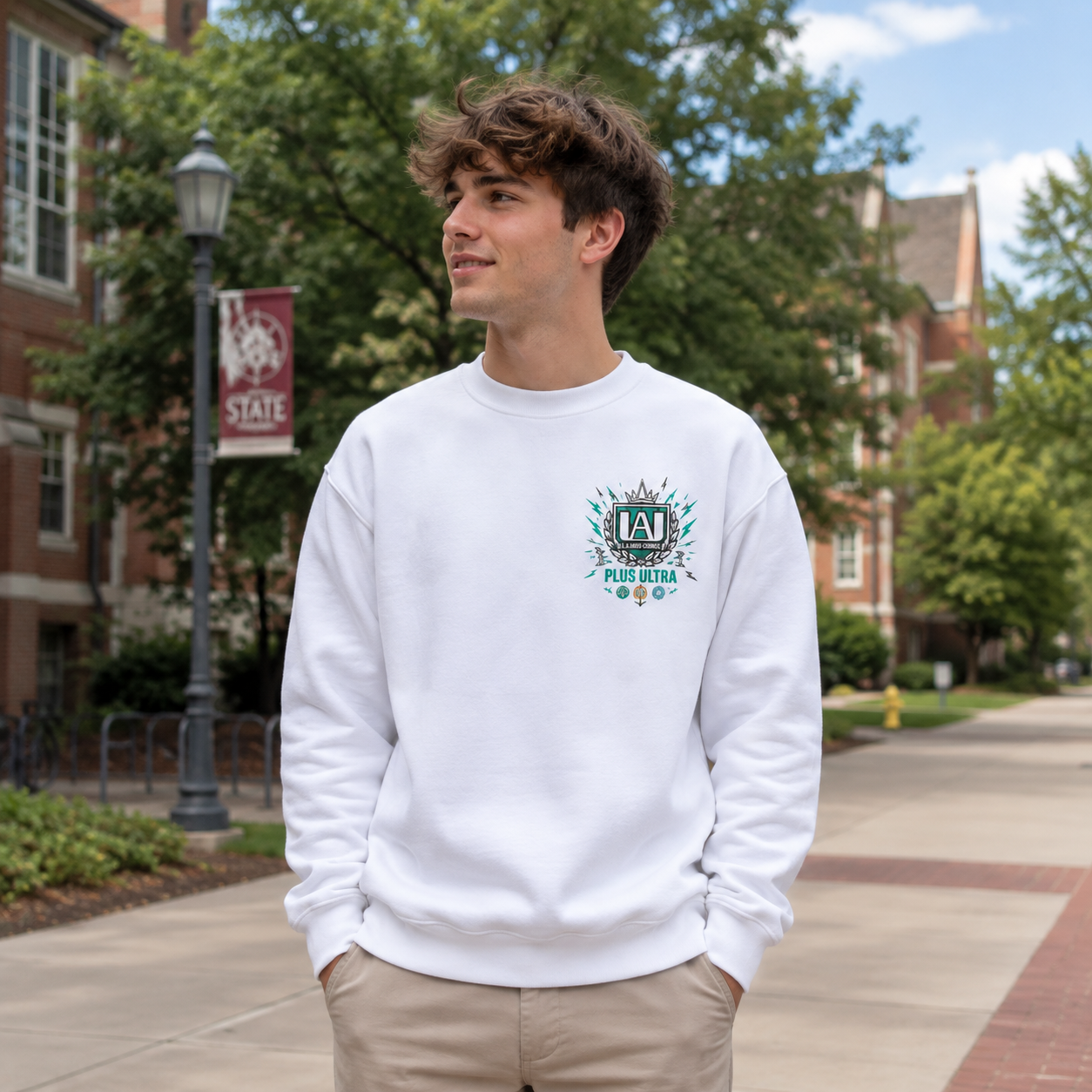 White sweatshirt with Izuku Midoriya, Katsuki Bakugo, Shoto Todoroki My Hero Academia Trio Panels graphic – photo 4