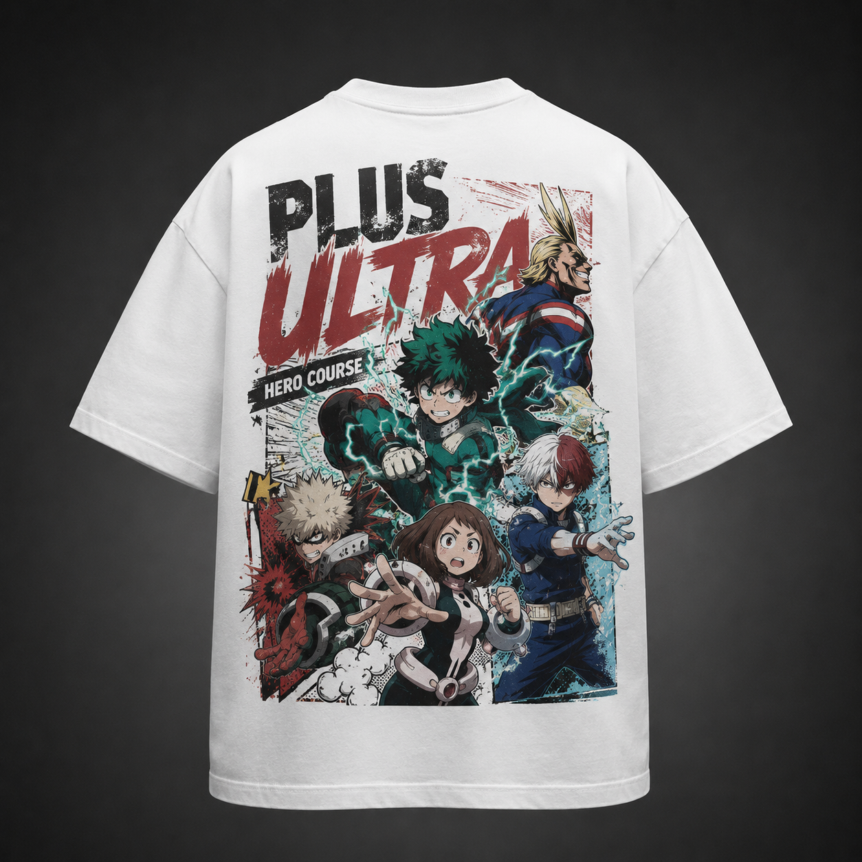White t-shirt with Izuku Midoriya, Katsuki Bakugo, Shoto Todoroki, Ochaco Uraraka, All Might My Hero Academia Plus Ultra Squad graphic – photo 1