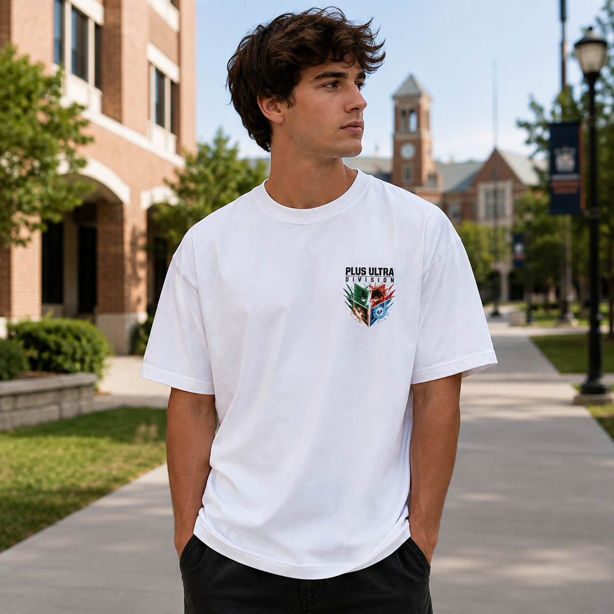 White t-shirt with Izuku Midoriya, Katsuki Bakugo, Shoto Todoroki, Ochaco Uraraka, All Might My Hero Academia Plus Ultra Squad graphic – photo 4