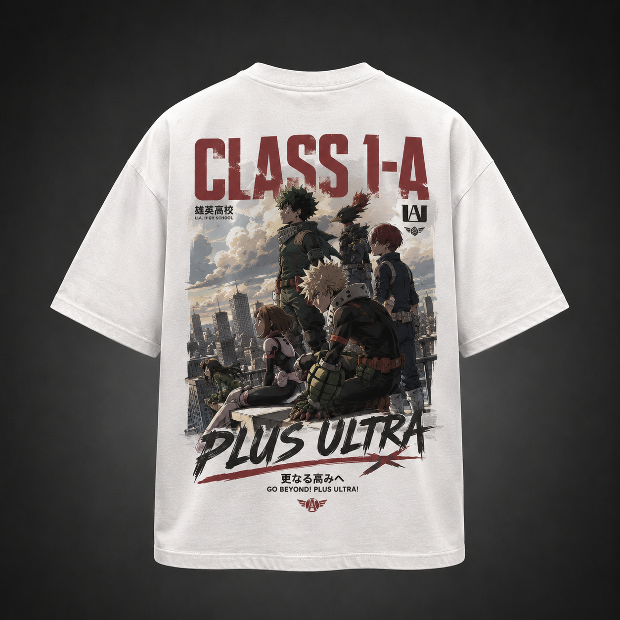 White t-shirt with Izuku Midoriya, Katsuki Bakugo, Shoto Todoroki, Ochaco Uraraka, Fumikage Tokoyami My Hero Academia City Rooftop graphic – photo 1