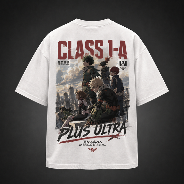 White t-shirt with Izuku Midoriya, Katsuki Bakugo, Shoto Todoroki, Ochaco Uraraka, Fumikage Tokoyami My Hero Academia City Rooftop graphic – photo 1