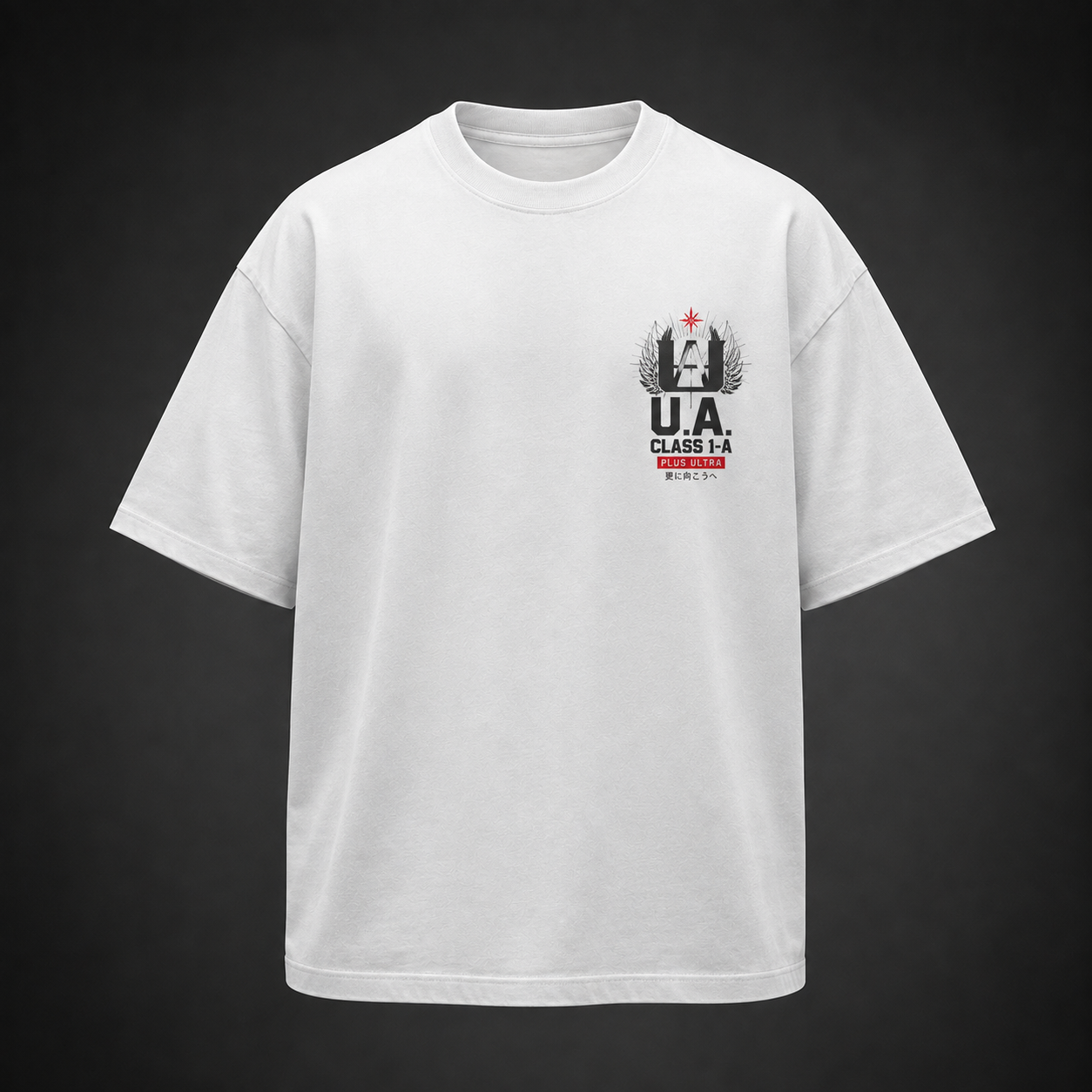 White t-shirt with Izuku Midoriya, Katsuki Bakugo, Shoto Todoroki, Ochaco Uraraka, Fumikage Tokoyami My Hero Academia City Rooftop graphic – photo 2