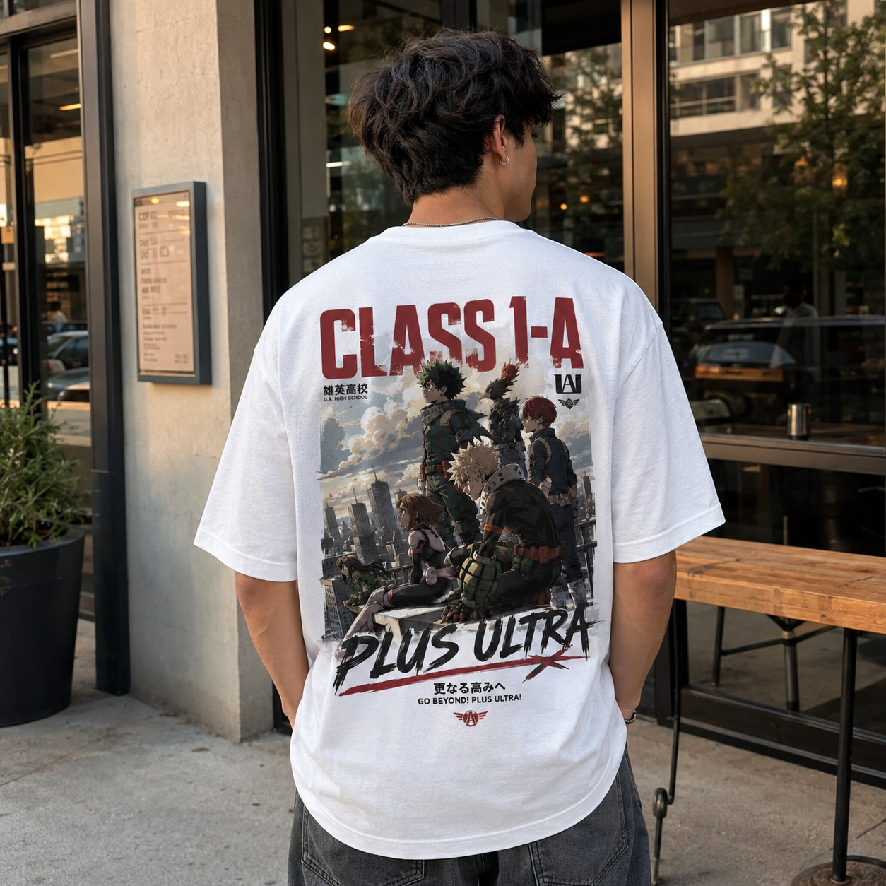 White t-shirt with Izuku Midoriya, Katsuki Bakugo, Shoto Todoroki, Ochaco Uraraka, Fumikage Tokoyami My Hero Academia City Rooftop graphic – photo 3