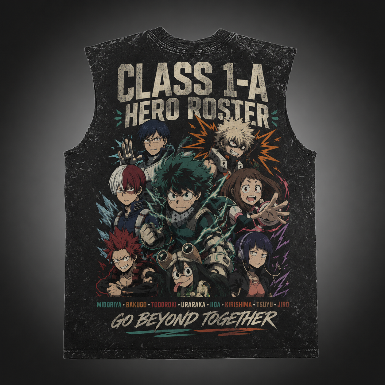 Washed black tank top with Izuku Midoriya, Katsuki Bakugo, Shoto Todoroki, Ochaco Uraraka, Tenya Iida, Eijiro Kirishima, Tsuyu Asui, Kyoka Jiro My Hero Academia Class 1-A Roster graphic – photo 1