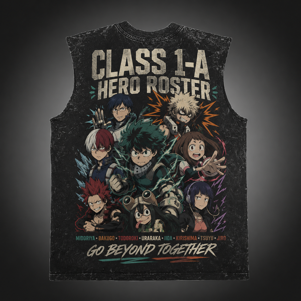 Washed black tank top with Izuku Midoriya, Katsuki Bakugo, Shoto Todoroki, Ochaco Uraraka, Tenya Iida, Eijiro Kirishima, Tsuyu Asui, Kyoka Jiro My Hero Academia Class 1-A Roster graphic – photo 1