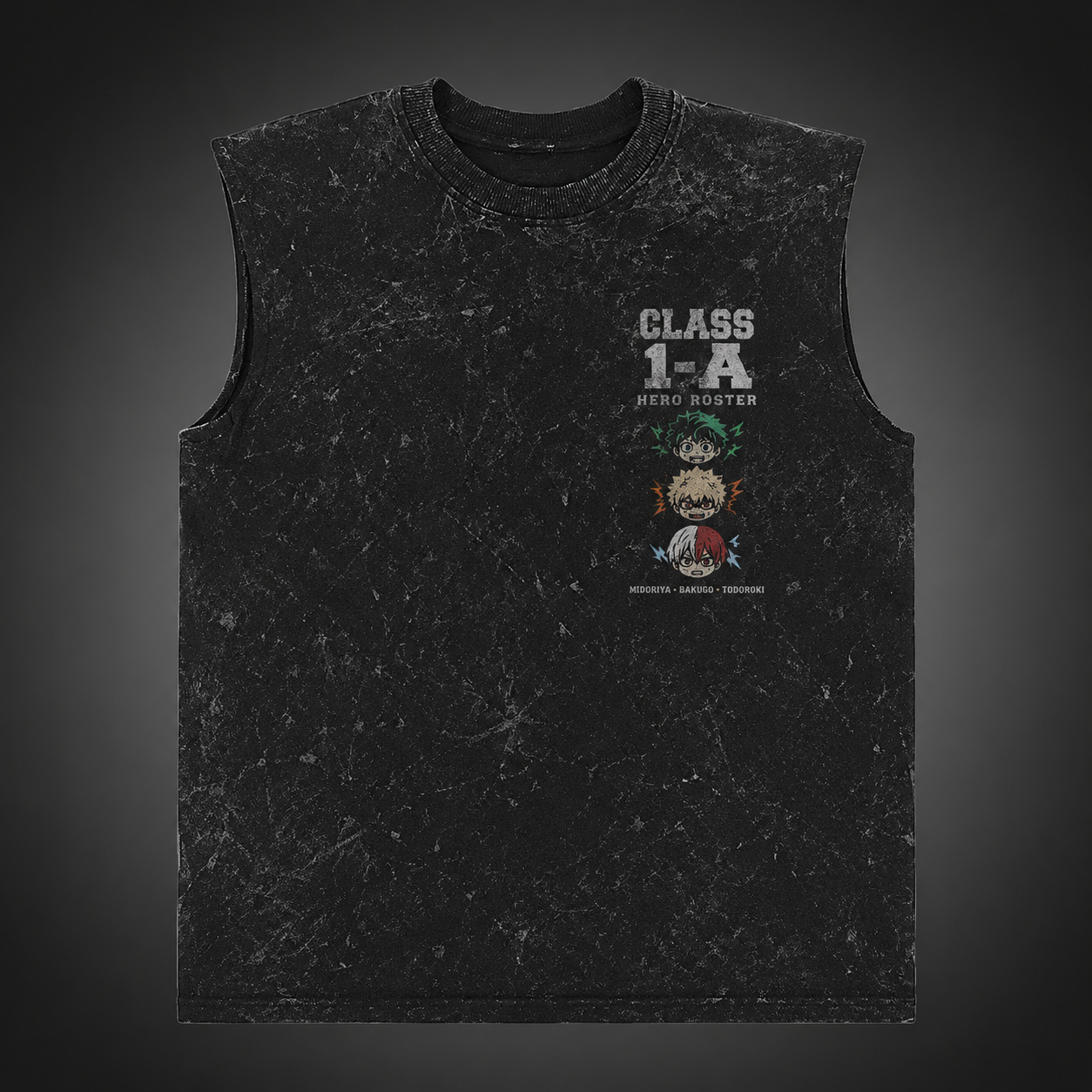Washed black tank top with Izuku Midoriya, Katsuki Bakugo, Shoto Todoroki, Ochaco Uraraka, Tenya Iida, Eijiro Kirishima, Tsuyu Asui, Kyoka Jiro My Hero Academia Class 1-A Roster graphic – photo 2