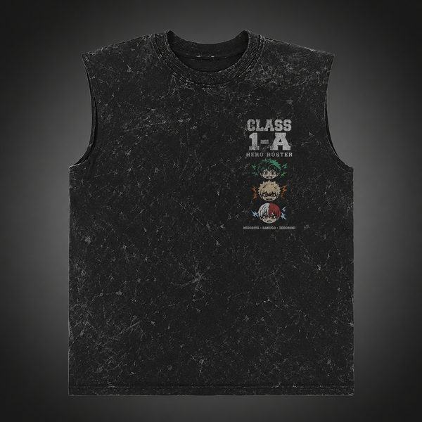 Washed black tank top with Izuku Midoriya, Katsuki Bakugo, Shoto Todoroki, Ochaco Uraraka, Tenya Iida, Eijiro Kirishima, Tsuyu Asui, Kyoka Jiro My Hero Academia Class 1-A Roster graphic – photo 2