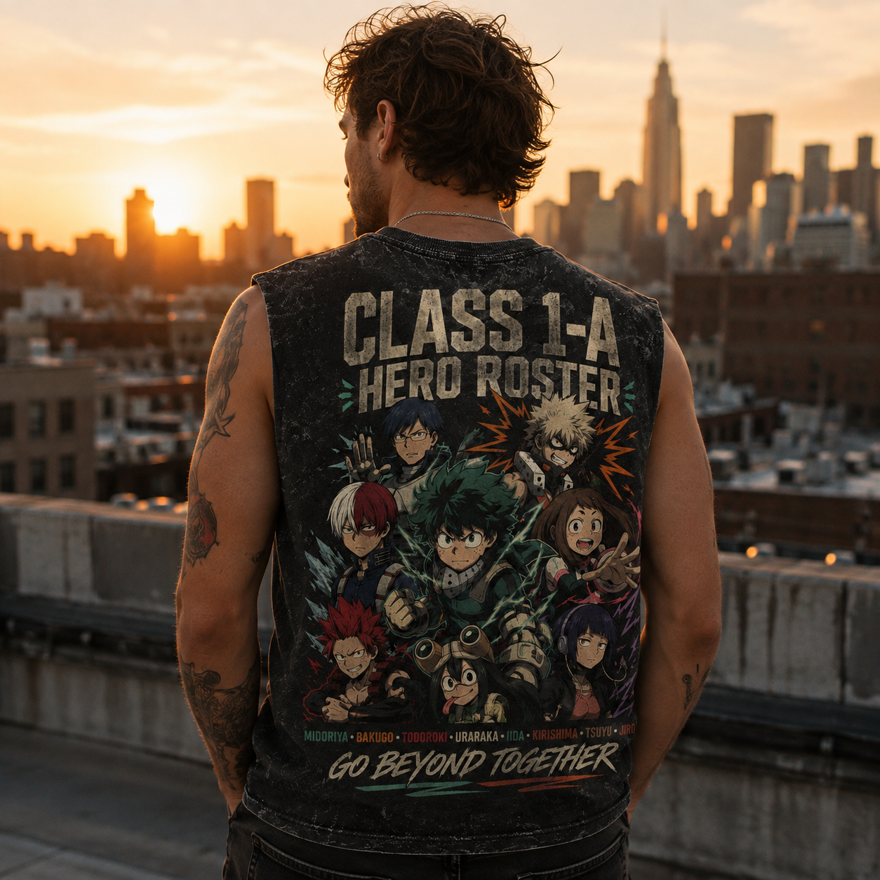 Washed black tank top with Izuku Midoriya, Katsuki Bakugo, Shoto Todoroki, Ochaco Uraraka, Tenya Iida, Eijiro Kirishima, Tsuyu Asui, Kyoka Jiro My Hero Academia Class 1-A Roster graphic – photo 3