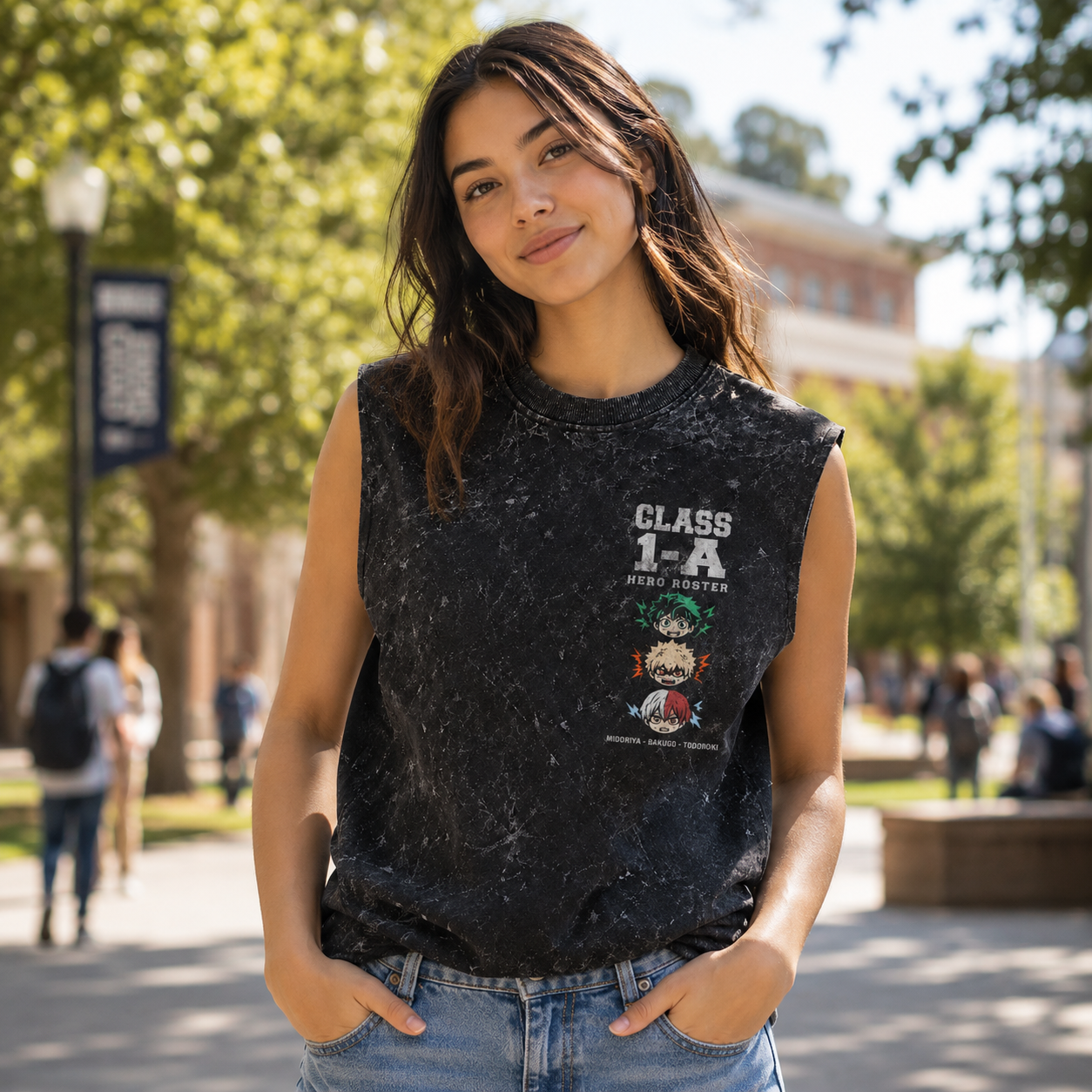 Washed black tank top with Izuku Midoriya, Katsuki Bakugo, Shoto Todoroki, Ochaco Uraraka, Tenya Iida, Eijiro Kirishima, Tsuyu Asui, Kyoka Jiro My Hero Academia Class 1-A Roster graphic – photo 4
