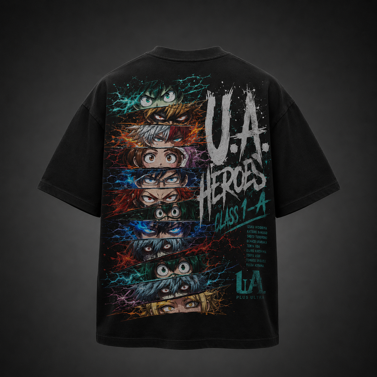 Black t-shirt with Izuku Midoriya, Katsuki Bakugo, Shoto Todoroki, Ochaco Uraraka, Tenya Iida, Eijiro Kirishima, Tsuyu Asui My Hero Academia Heroic Eyes graphic – photo 1