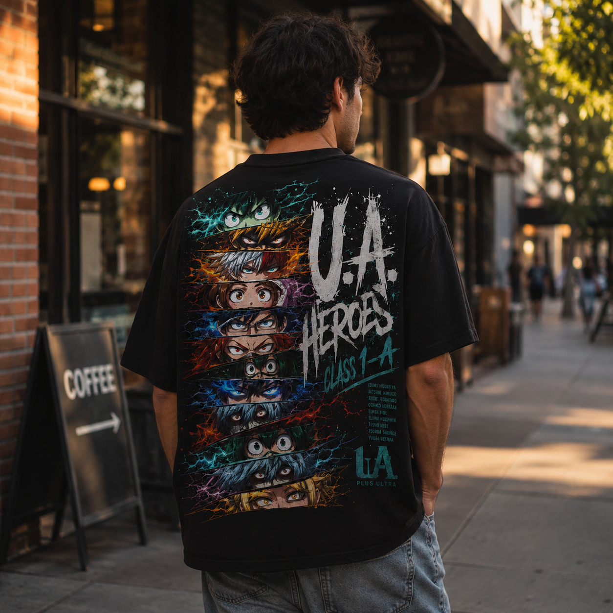 Black t-shirt with Izuku Midoriya, Katsuki Bakugo, Shoto Todoroki, Ochaco Uraraka, Tenya Iida, Eijiro Kirishima, Tsuyu Asui My Hero Academia Heroic Eyes graphic – photo 3