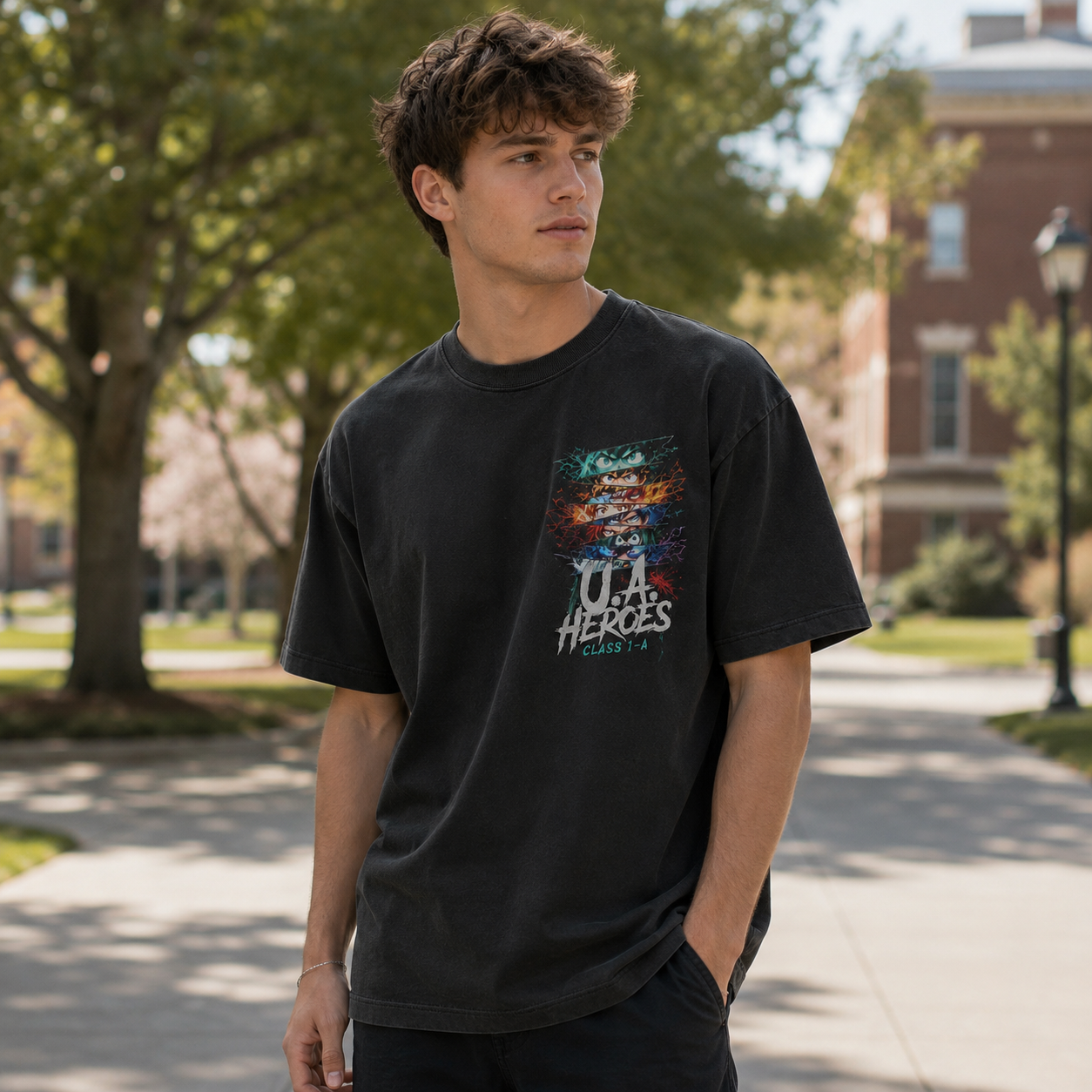 Black t-shirt with Izuku Midoriya, Katsuki Bakugo, Shoto Todoroki, Ochaco Uraraka, Tenya Iida, Eijiro Kirishima, Tsuyu Asui My Hero Academia Heroic Eyes graphic – photo 4