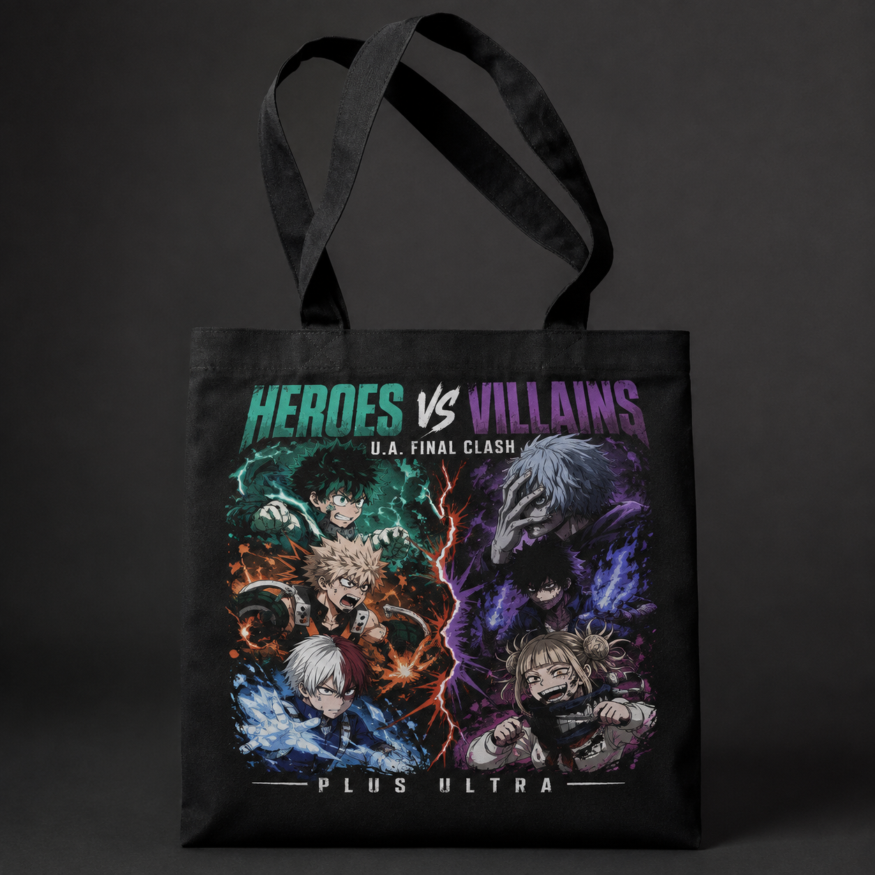 Black tote bag with Izuku Midoriya, Katsuki Bakugo, Shoto Todoroki, Tomura Shigaraki, Dabi, Himiko Toga My Hero Academia Heroes Vs Villains graphic – photo 1