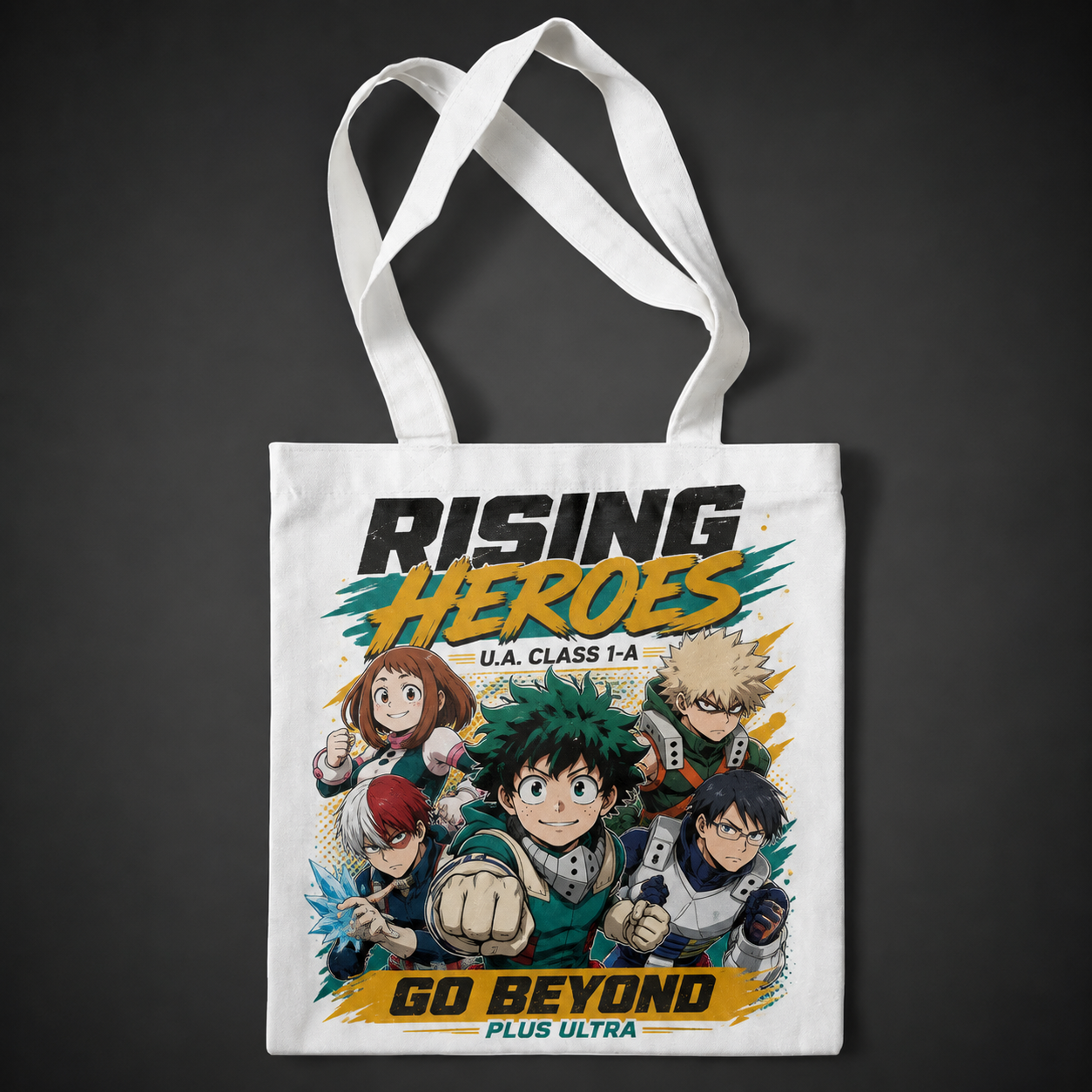 Natural tote bag with Izuku Midoriya, Ochaco Uraraka, Katsuki Bakugo, Shoto Todoroki, Tenya Iida My Hero Academia Rising Heroes graphic – photo 1