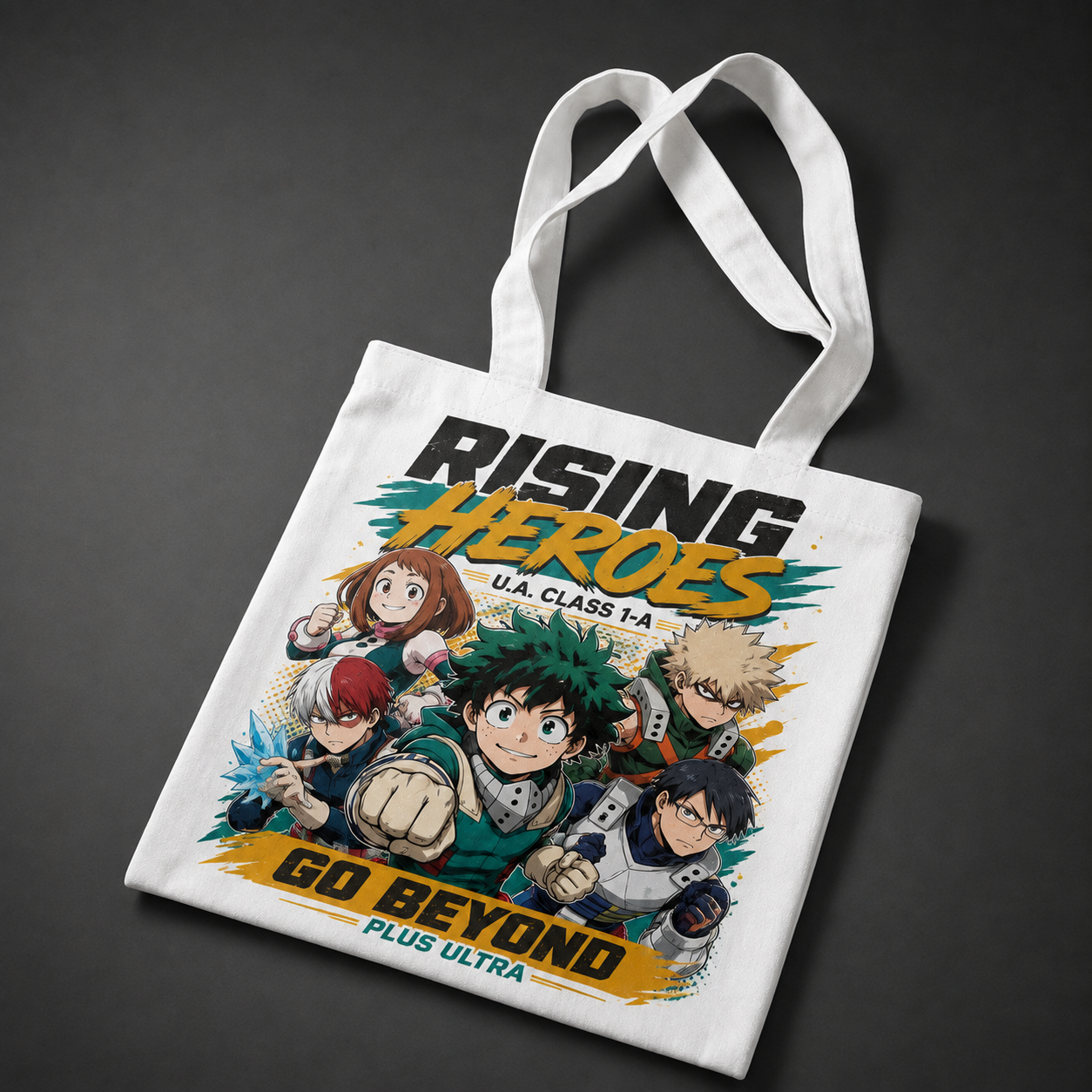 Natural tote bag with Izuku Midoriya, Ochaco Uraraka, Katsuki Bakugo, Shoto Todoroki, Tenya Iida My Hero Academia Rising Heroes graphic – photo 2