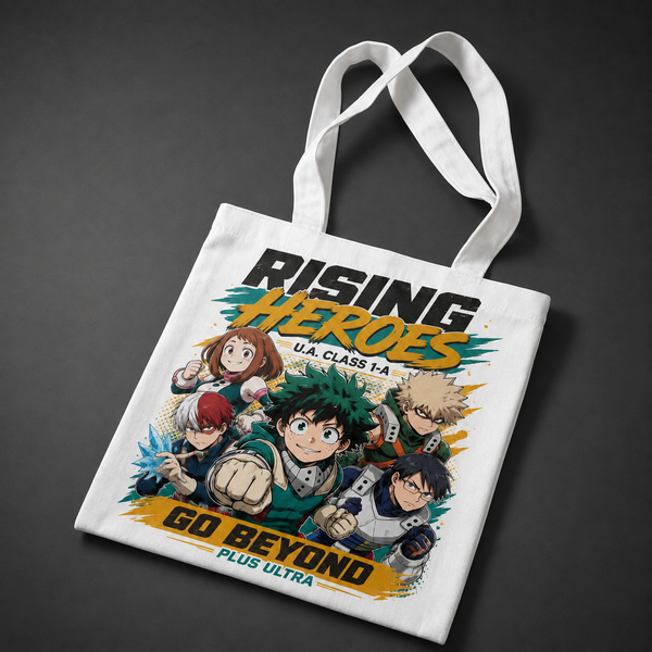 Natural tote bag with Izuku Midoriya, Ochaco Uraraka, Katsuki Bakugo, Shoto Todoroki, Tenya Iida My Hero Academia Rising Heroes graphic – photo 2