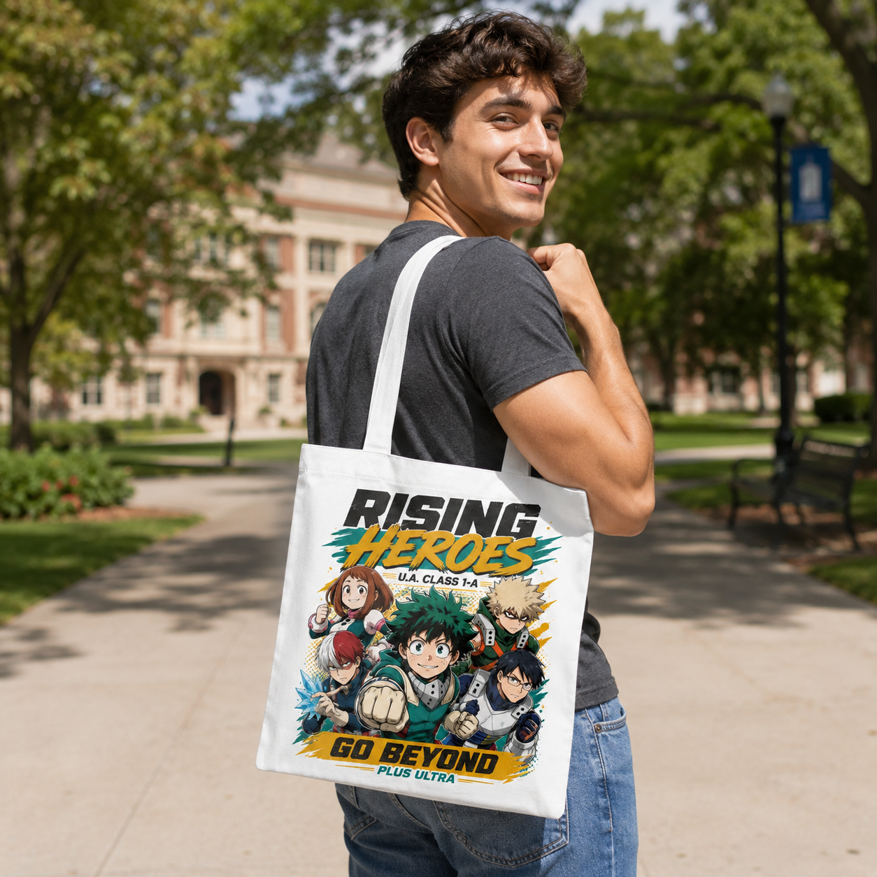 Natural tote bag with Izuku Midoriya, Ochaco Uraraka, Katsuki Bakugo, Shoto Todoroki, Tenya Iida My Hero Academia Rising Heroes graphic – photo 3