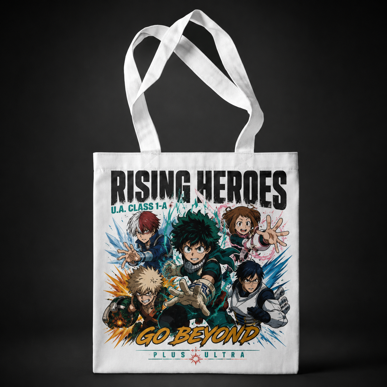 Natural tote bag with Izuku Midoriya, Shoto Todoroki, Ochaco Uraraka, Katsuki Bakugo, Tenya Iida My Hero Academia Go Beyond graphic – photo 1
