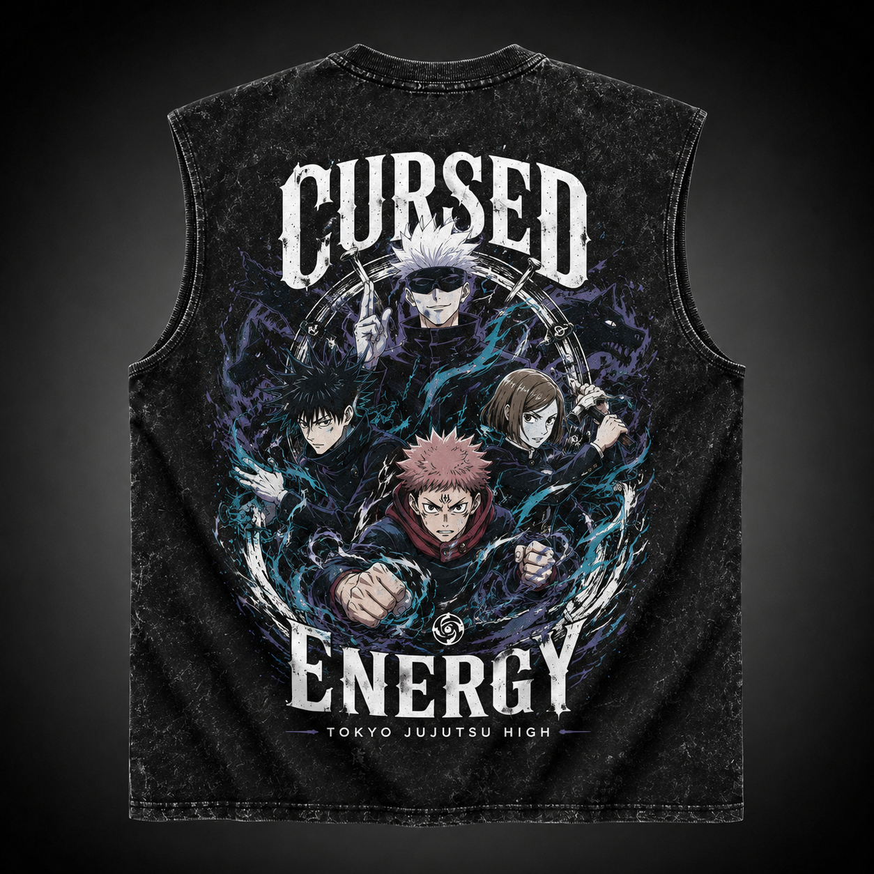 Washed black tank top with Jujutsu Kaisen Cursed Energy Crew graphic – photo 1