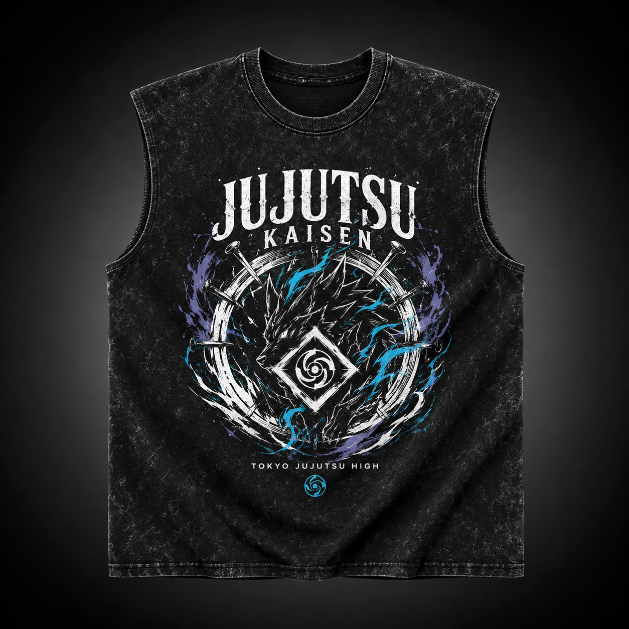 Washed black tank top with Jujutsu Kaisen Cursed Energy Crew graphic – photo 2
