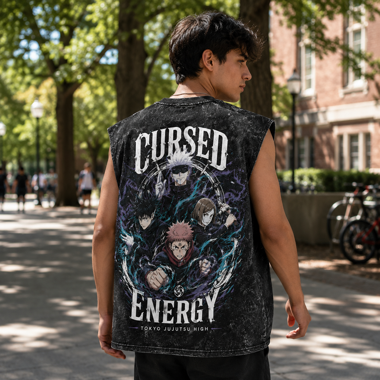 Washed black tank top with Jujutsu Kaisen Cursed Energy Crew graphic – photo 3