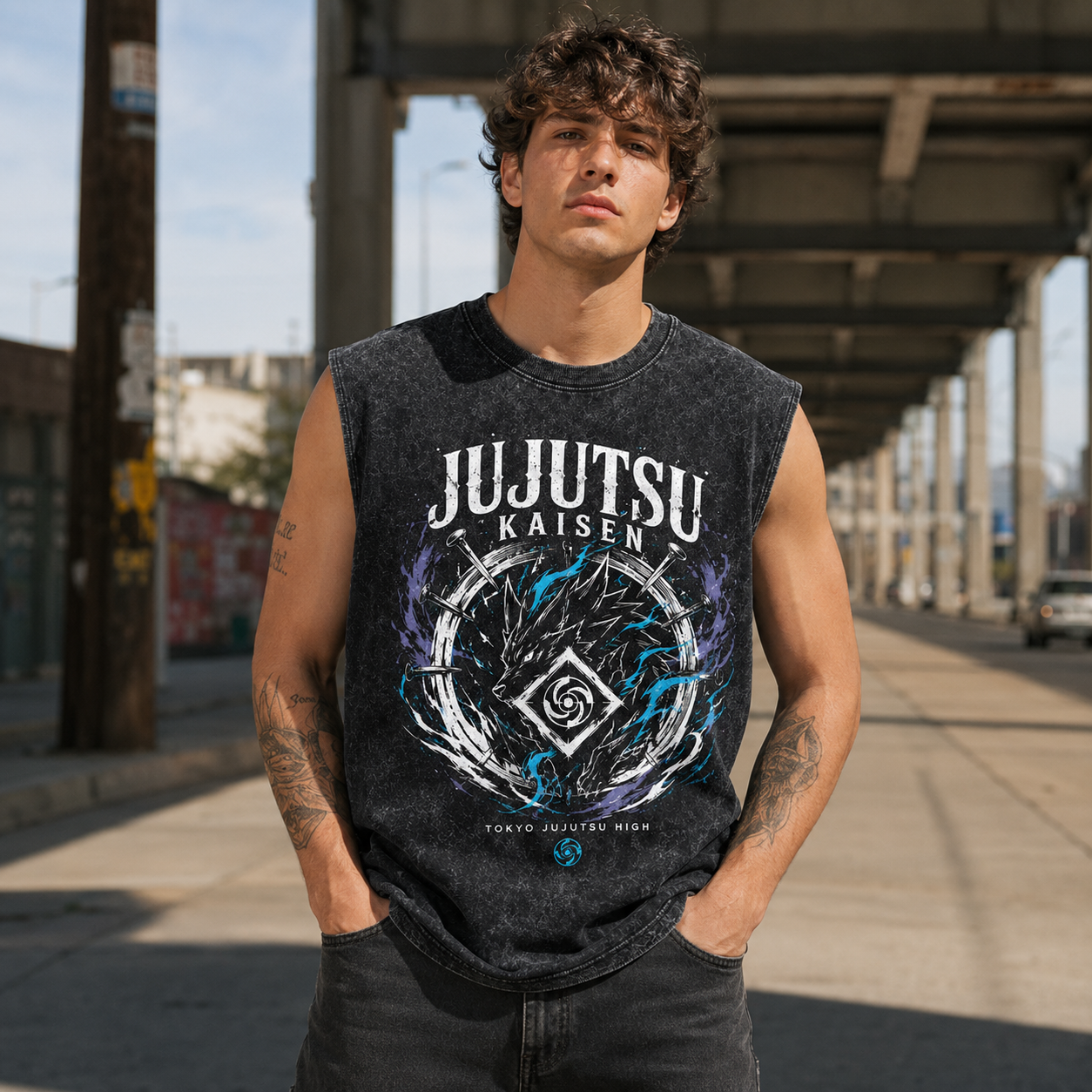 Washed black tank top with Jujutsu Kaisen Cursed Energy Crew graphic – photo 4