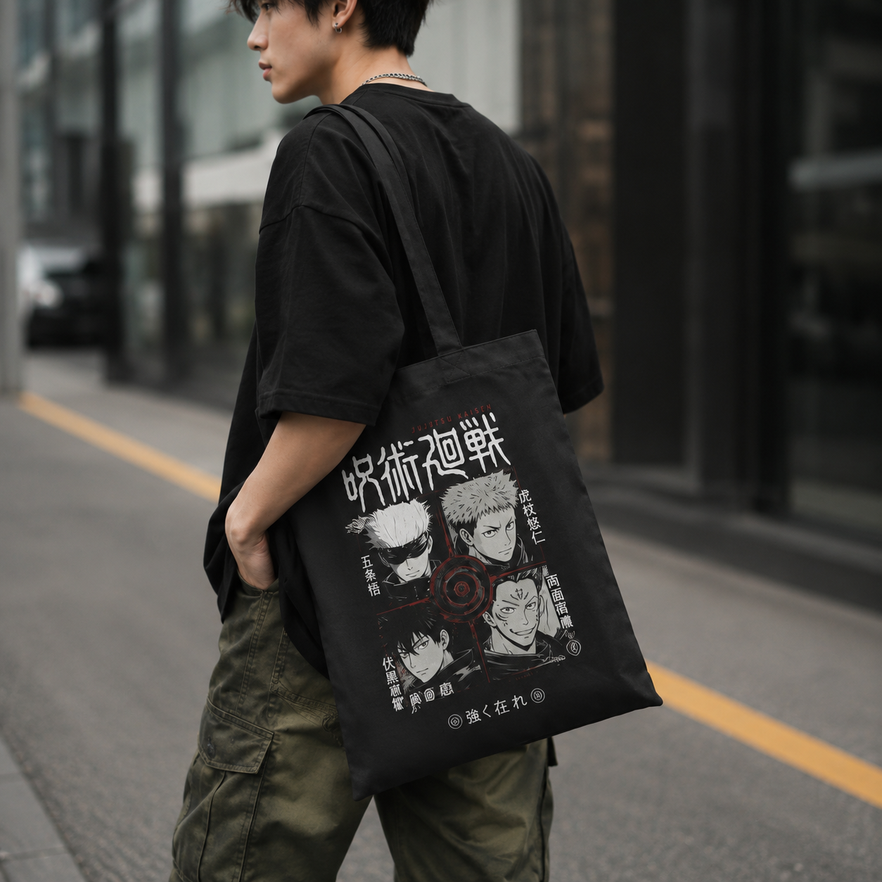 Black tote bag with Jujutsu Kaisen Four Sorcerers Grid graphic – photo 3