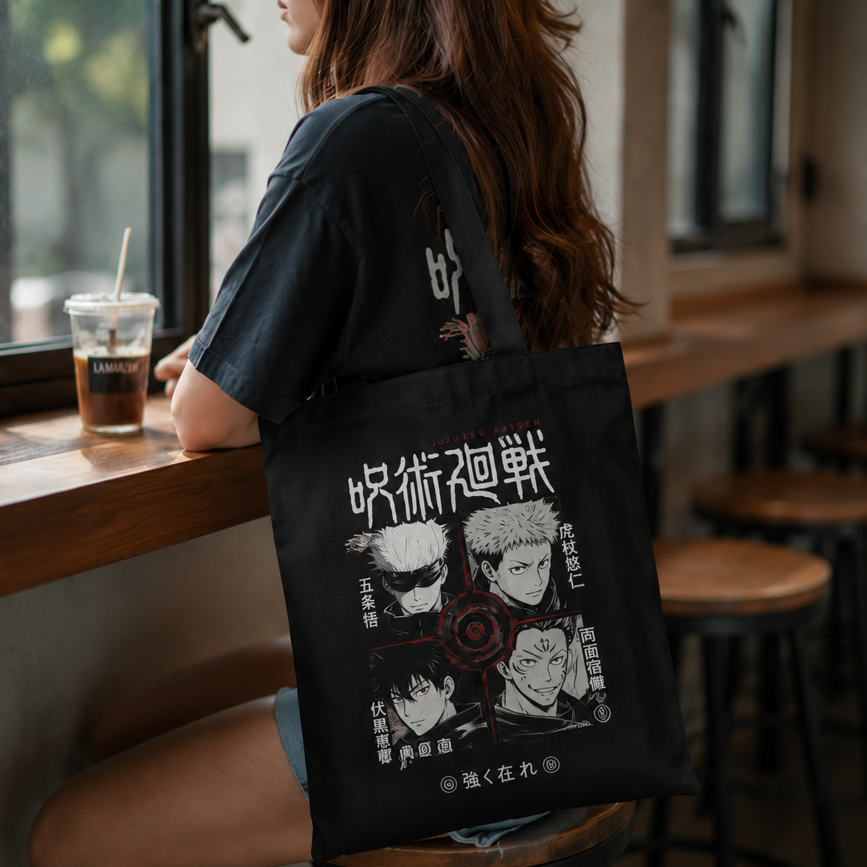 Black tote bag with Jujutsu Kaisen Four Sorcerers Grid graphic – photo 4