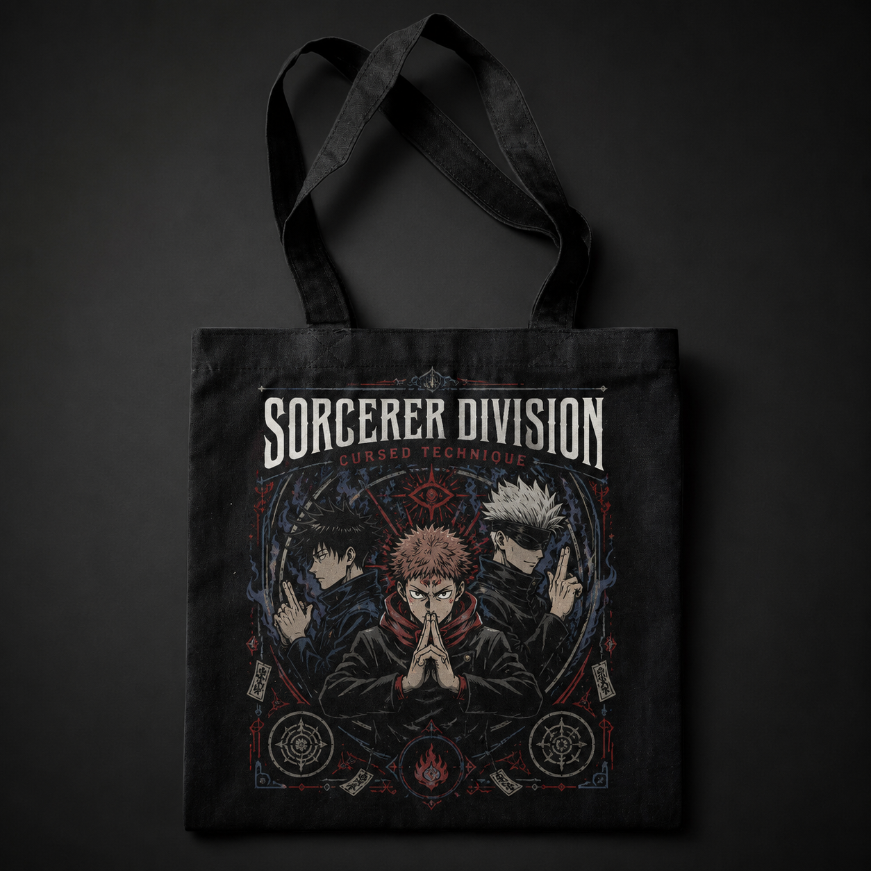 Black tote bag with Jujutsu Kaisen Sorcerer Division Trio graphic – photo 1