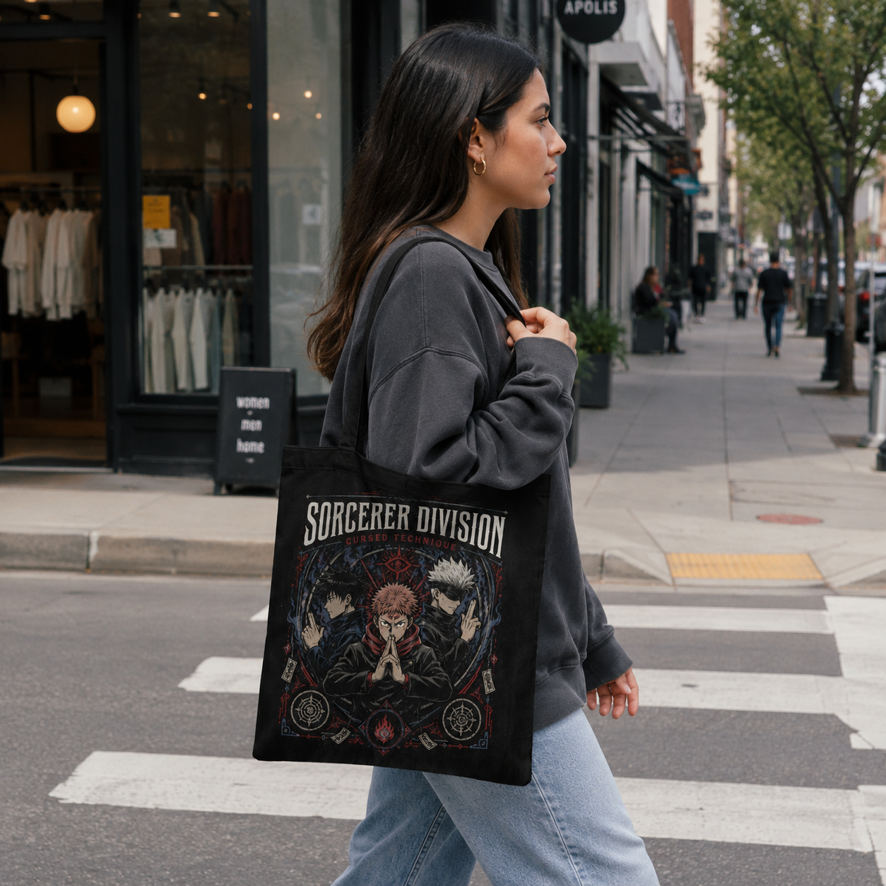 Black tote bag with Jujutsu Kaisen Sorcerer Division Trio graphic – photo 3