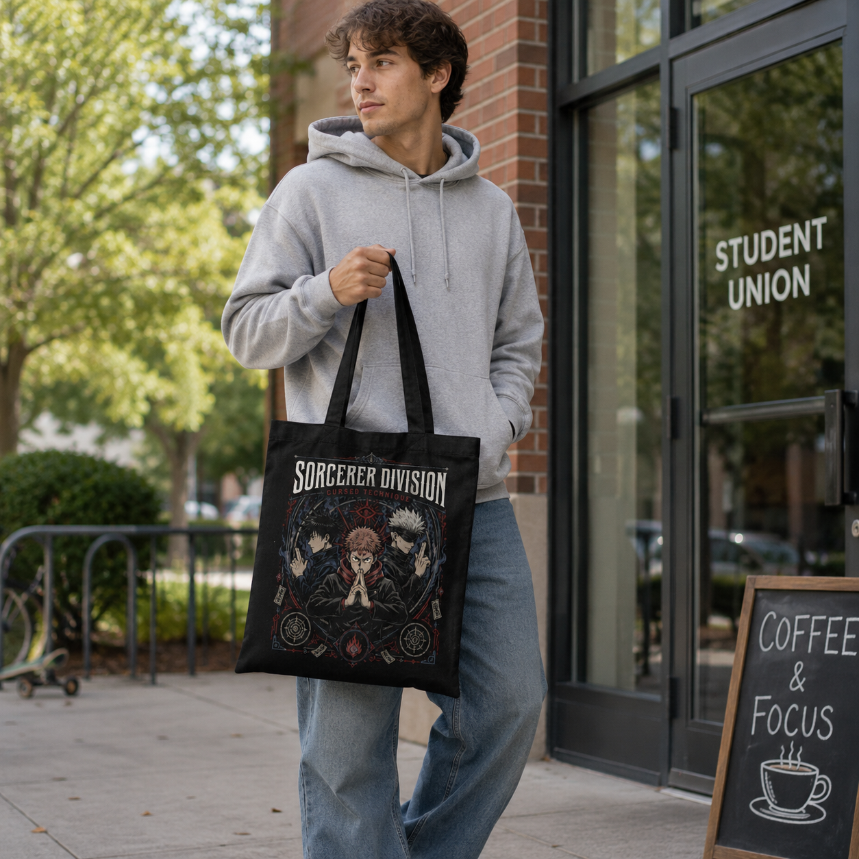Black tote bag with Jujutsu Kaisen Sorcerer Division Trio graphic – photo 4
