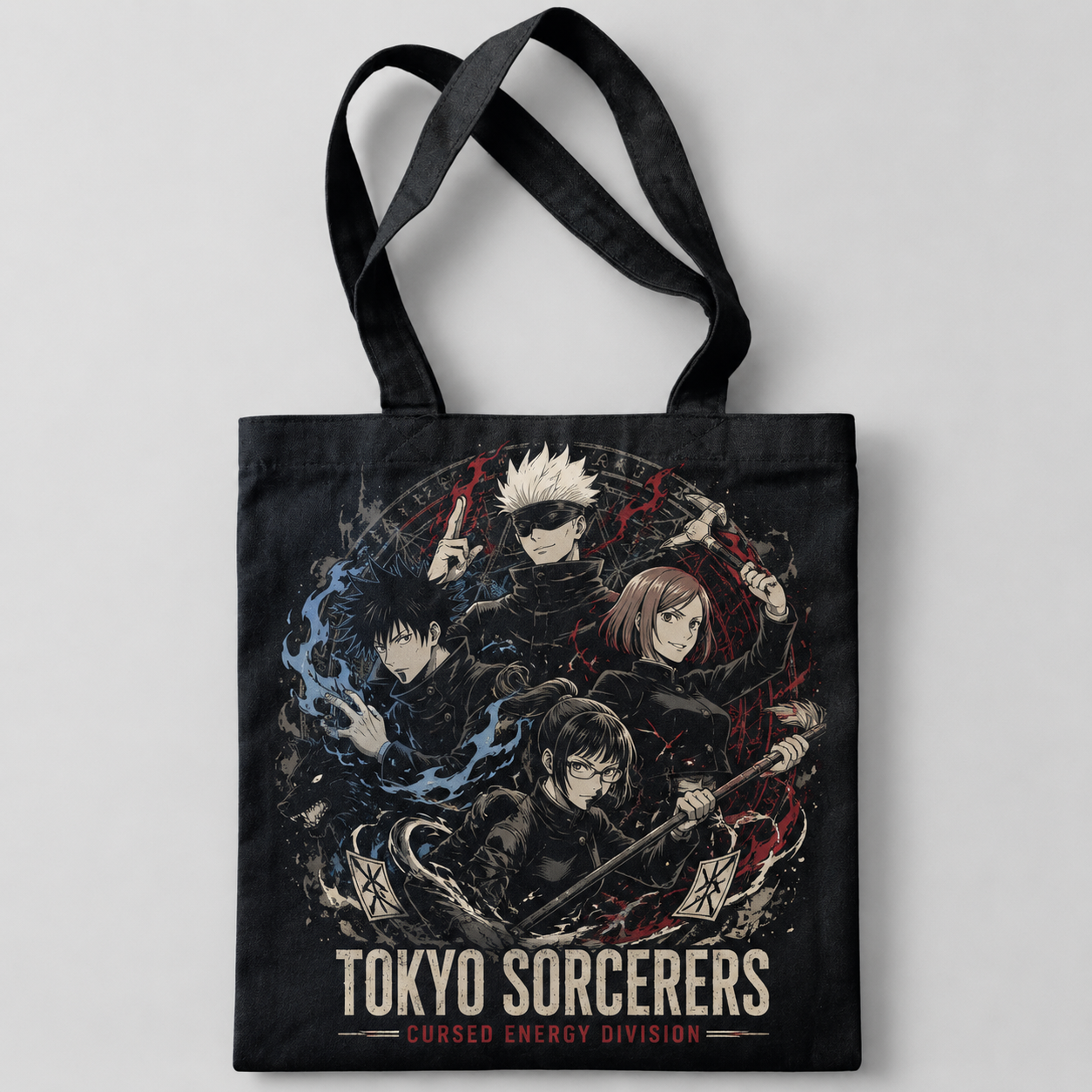 Black tote bag with Jujutsu Kaisen Tokyo Sorcerers Crew graphic – photo 1