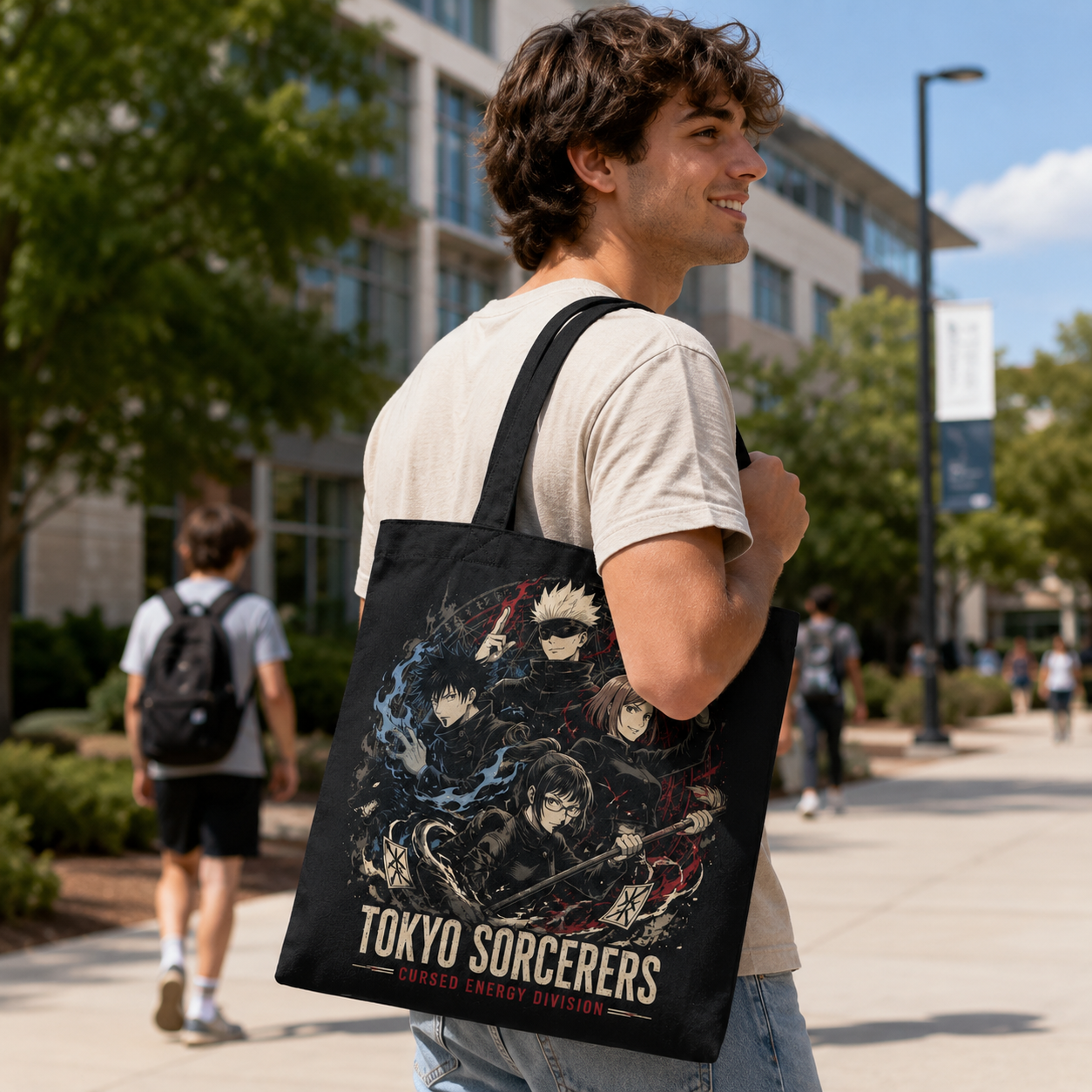 Black tote bag with Jujutsu Kaisen Tokyo Sorcerers Crew graphic – photo 3