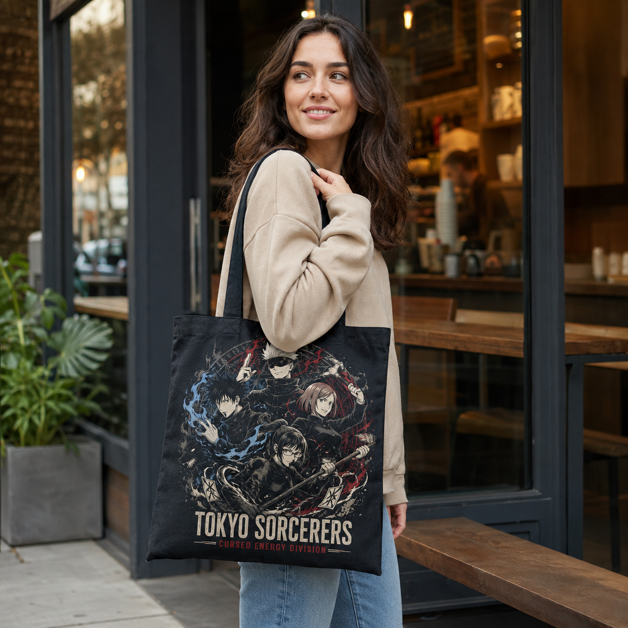 Black tote bag with Jujutsu Kaisen Tokyo Sorcerers Crew graphic – photo 4