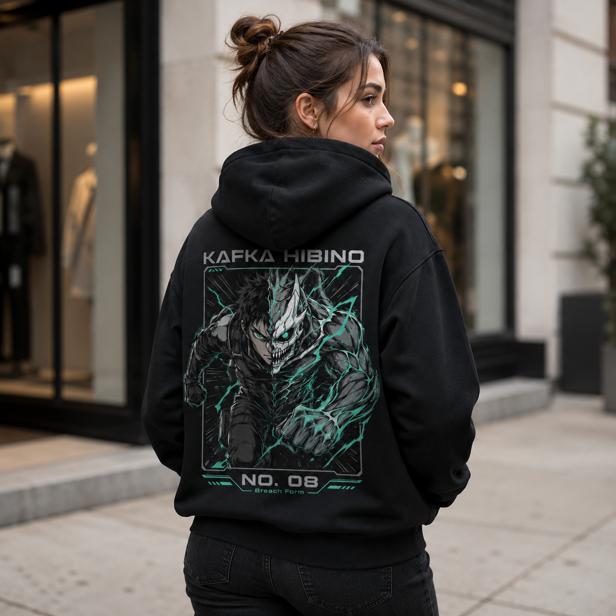 Black hoodie with Kafka Hibino Kaiju No. 8 Breach Form graphic – photo 3